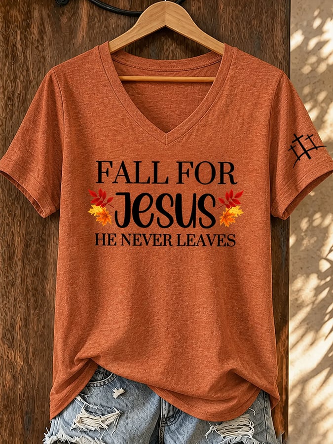 Women's Casual Fall for Jesus he never leaves Print Short-Sleeve T-Shirt