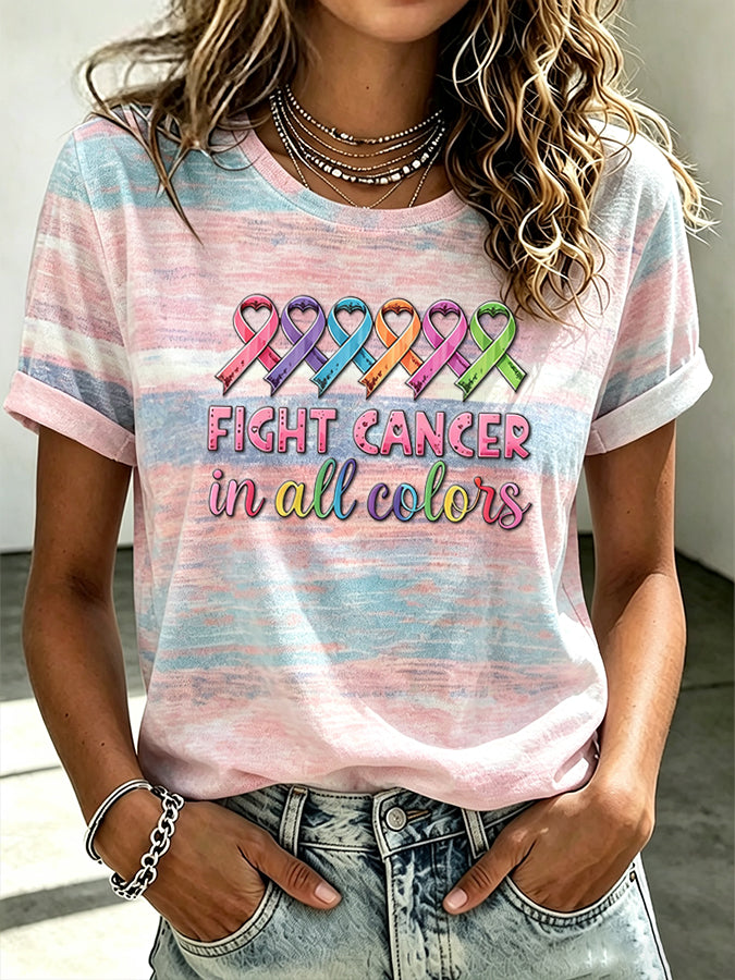 Women's Cancer Awareness Month Retro Print T-shirt