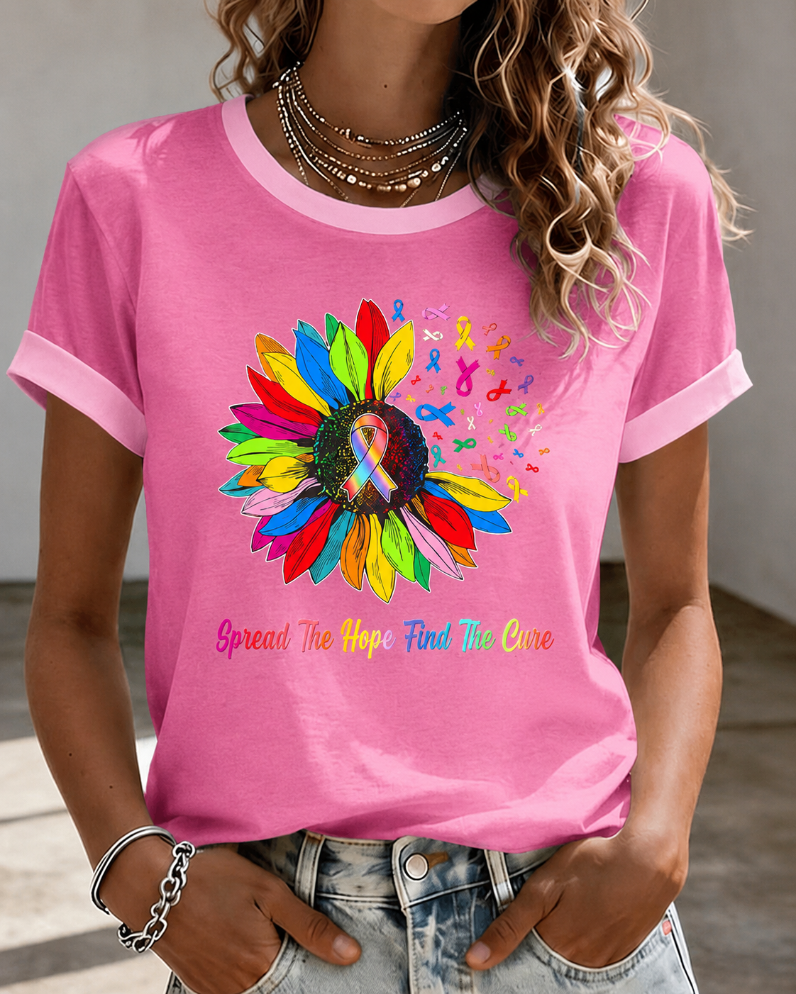 Women's Rainbow Sunflower Multi Cancer Awareness Ribbon Inspirational Quote Contrast Trim Casual T-Shirt