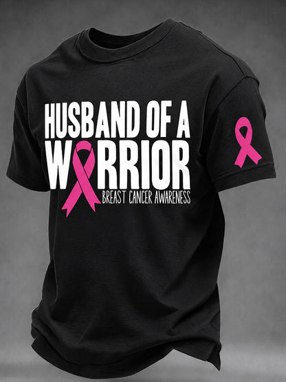 Men's Husband Of A Warrior Pink Ribbon Breast Cancer Awareness Graphic T-Shirt