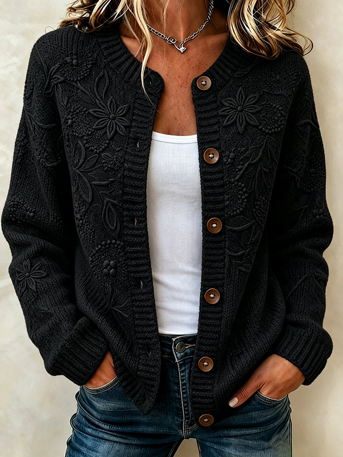 Ladies' Casual Plant Flower Knitted Cardigan Top