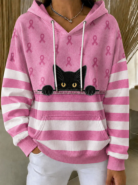Women'S Breast Cancer Awareness Print Long Sleeve Hooded Sweatshirt