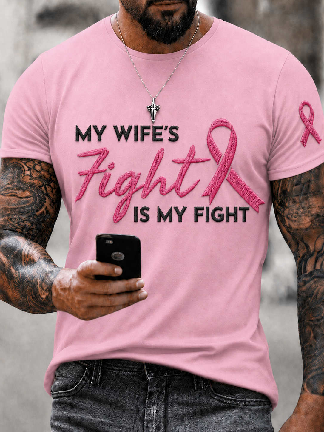 Men's My Wife's Fight Is My Fight Pink Ribbon Breast Cancer Awareness T-Shirt
