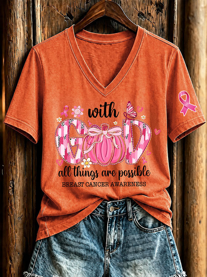 Women'S Breast Cancer Awareness And Ghost Witch Halloween Support Printed T-Shirt