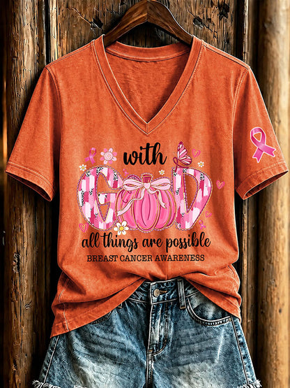 Women'S Breast Cancer Awareness And Ghost Witch Halloween Support Printed T-Shirt