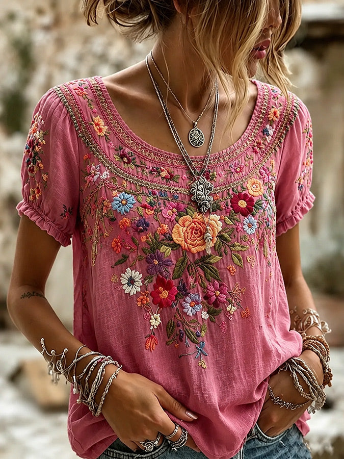 Women's Retro Floral Pattern Casual T-shirt