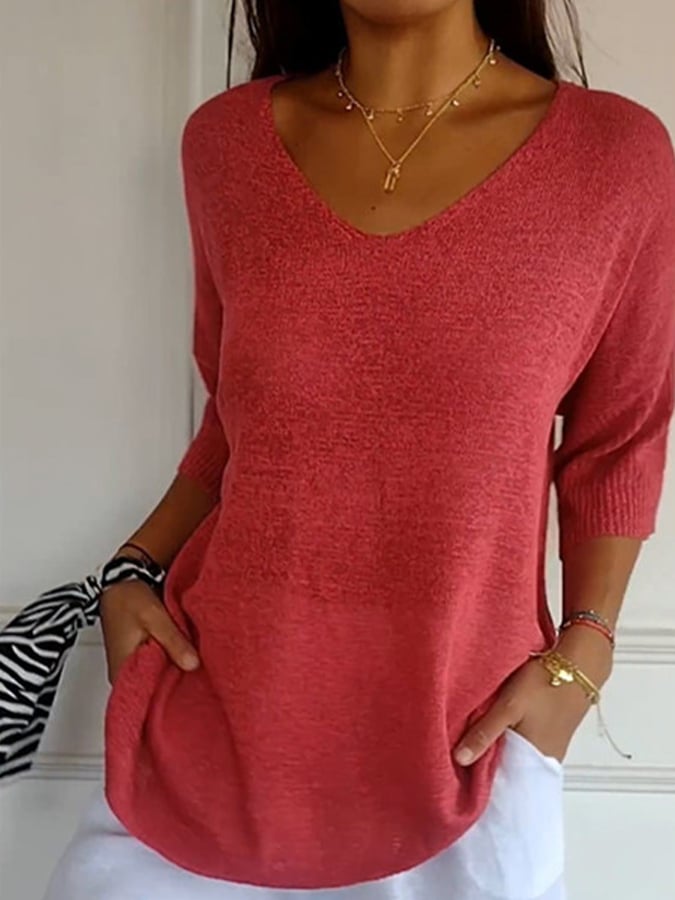 Women'S Casual V-Neck Three-Quarter Sleeve Solid Color Knit Sweater