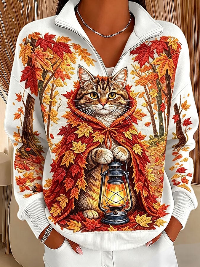 Women's Casual Printed Zipper Collar Long-Sleeve Sweatshirt