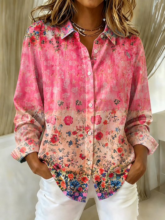 Women'S Floral  Print Lapel Long Sleeve Shirt