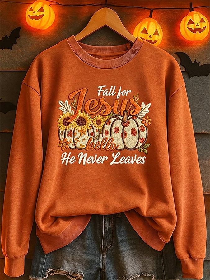 Women's  Pumpkin Print Crew Neck Sweatshirt