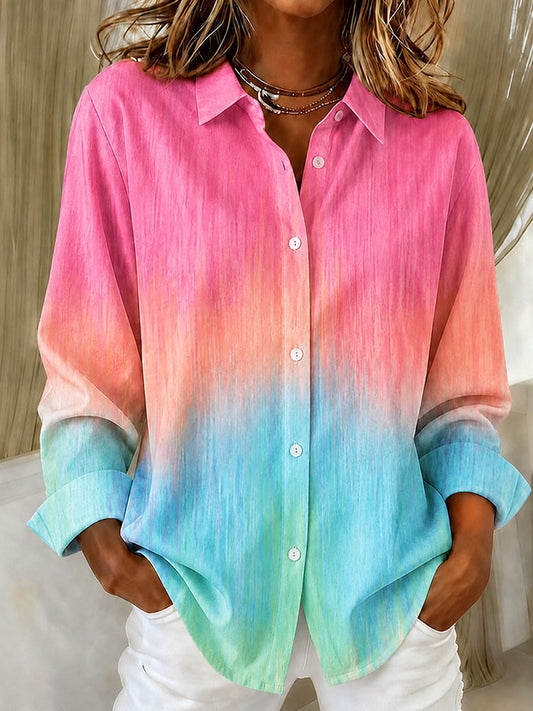 Women'S Pink Gradient Printed Lapel Long Sleeved Shirt