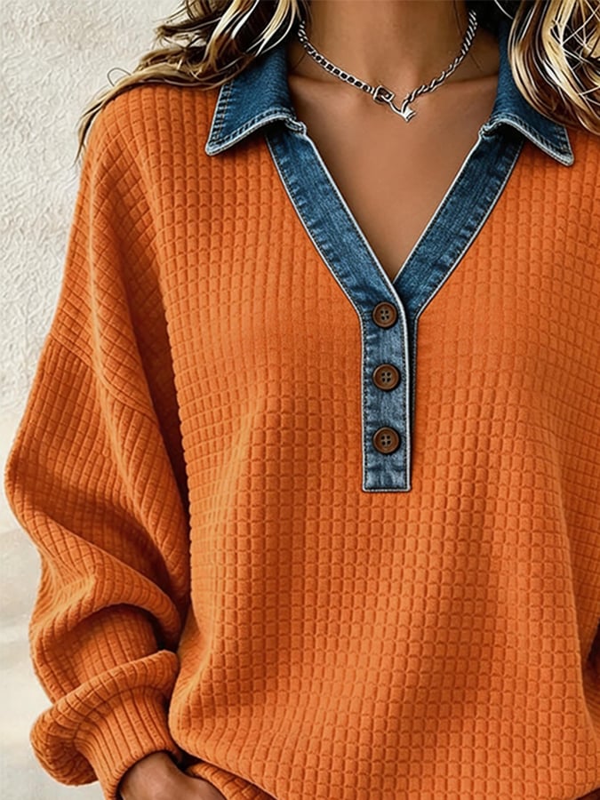 Women's Casual Color-Block Lapel Sweatshirt
