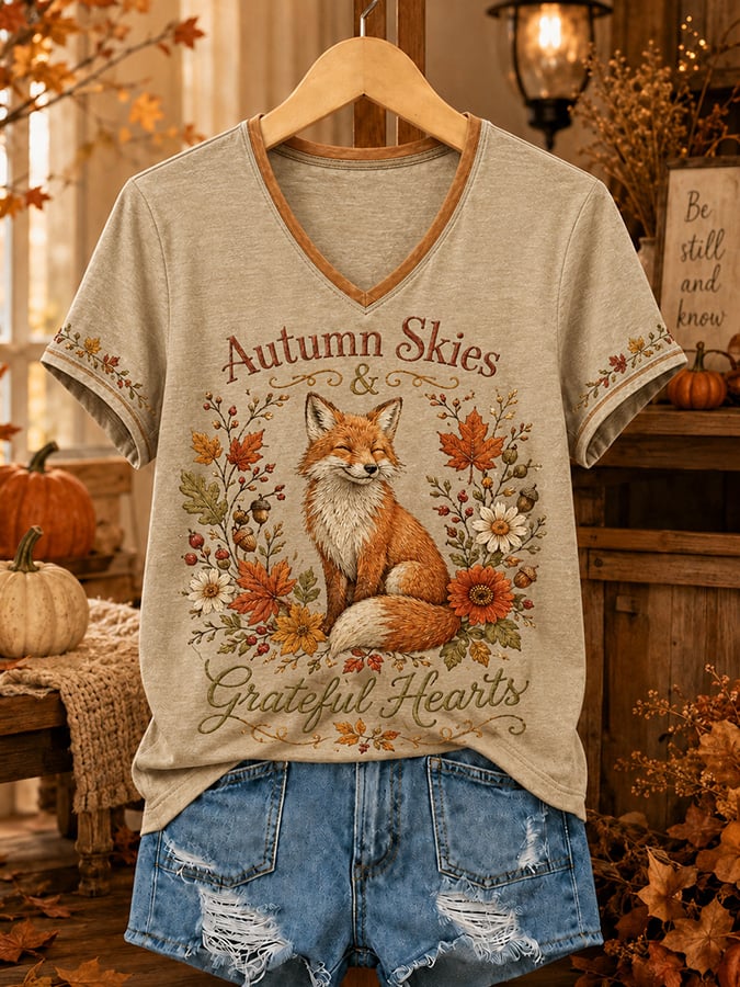 Women's Casual Autumn Printed V-Neck Top