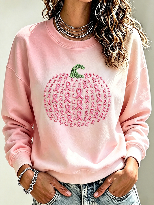 Women's Pink Ribbon Pumpkin Embroidery Breast Cancer Awareness Crewneck Sweatshirt