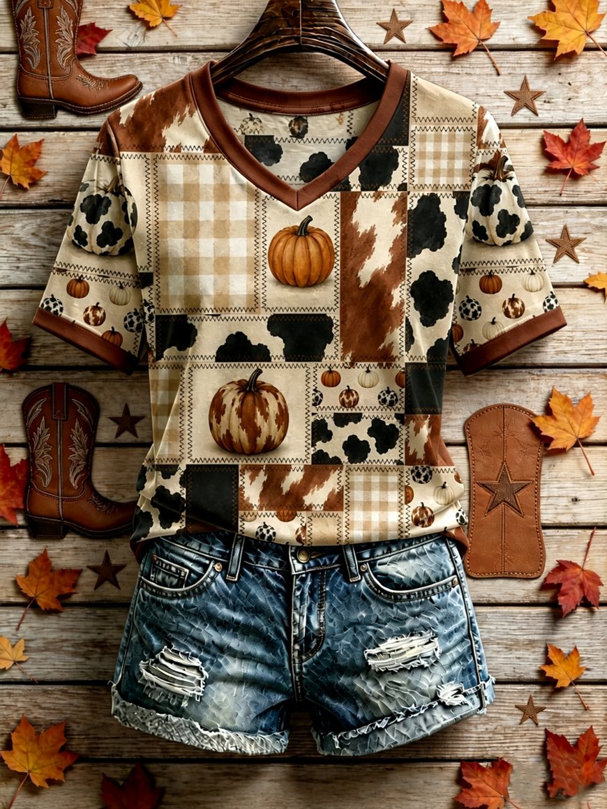 Women's Western Fall Vintage Print T-Shirt