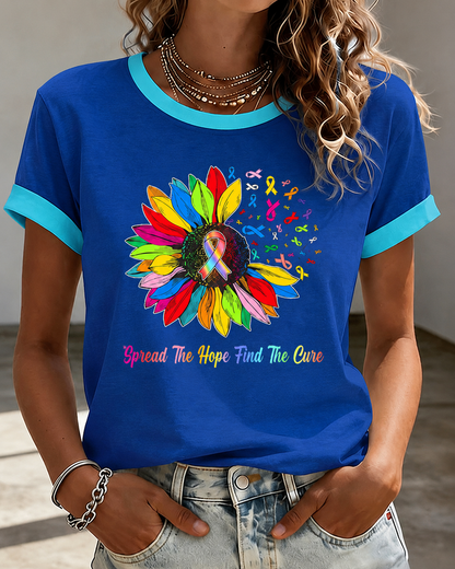 Women's Rainbow Sunflower Multi Cancer Awareness Ribbon Inspirational Quote Contrast Trim Casual T-Shirt