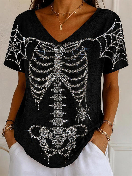 Women's Skull Rhinestone Print V-Neck Short-Sleeve T-Shirt