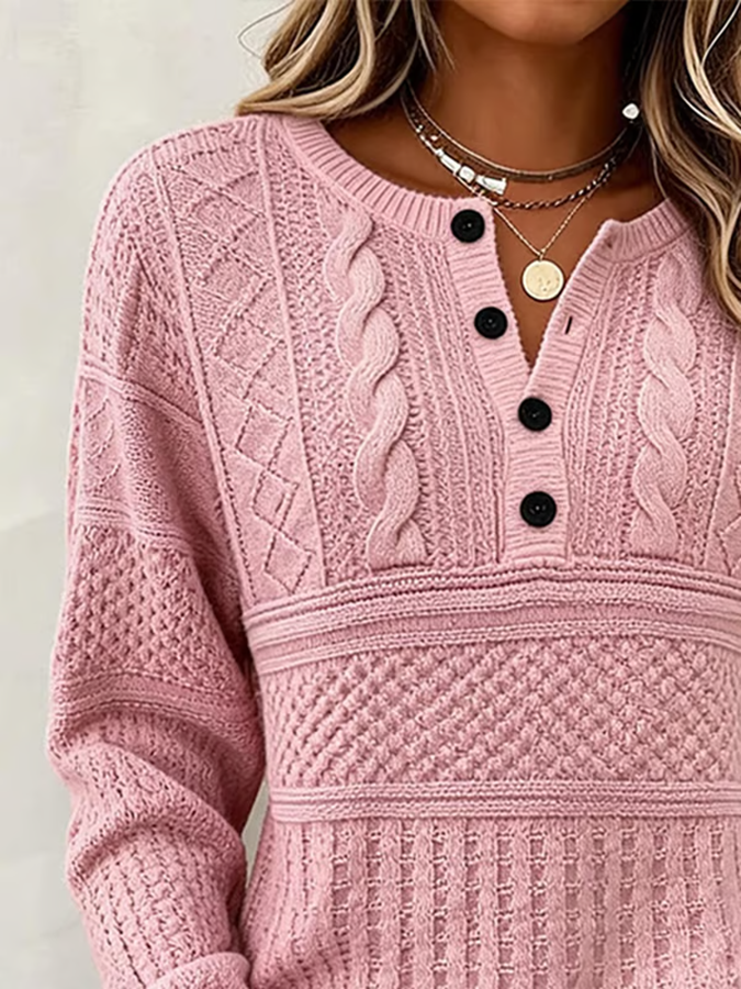 Women'S Casual Printed Henry Button Knit Top