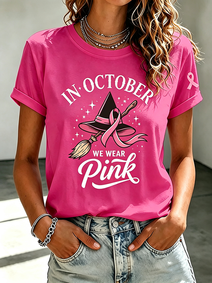 Women's In October We Wear Pink Printed Casual T-Shirt
