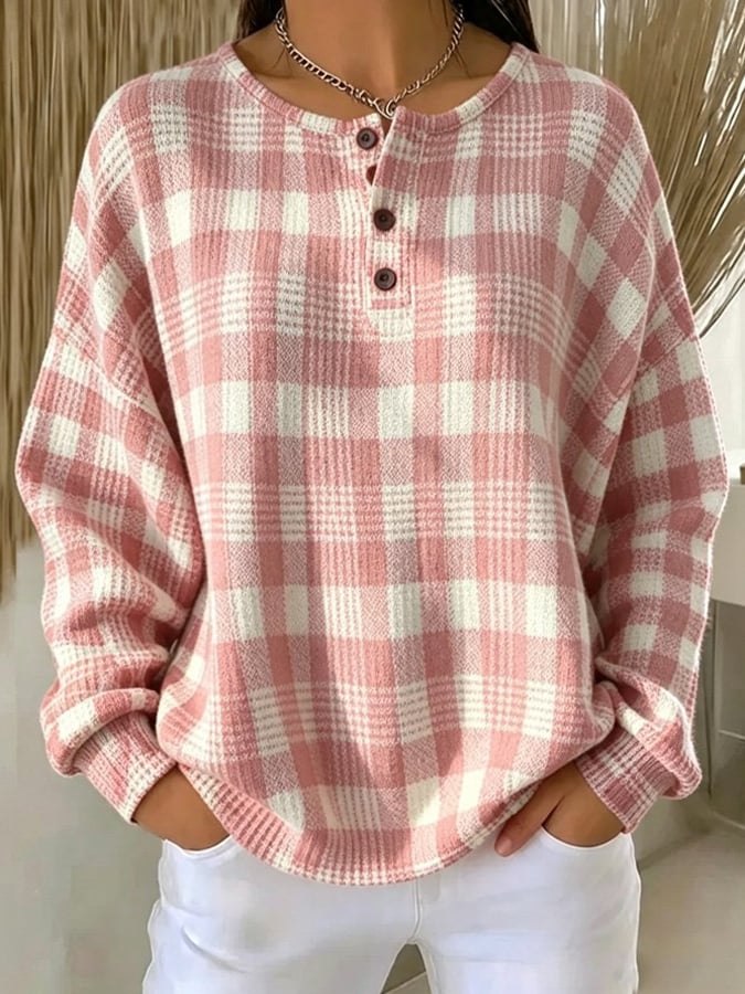 Women's Casual Printed Waffle-Knit Henley Sweatshirt