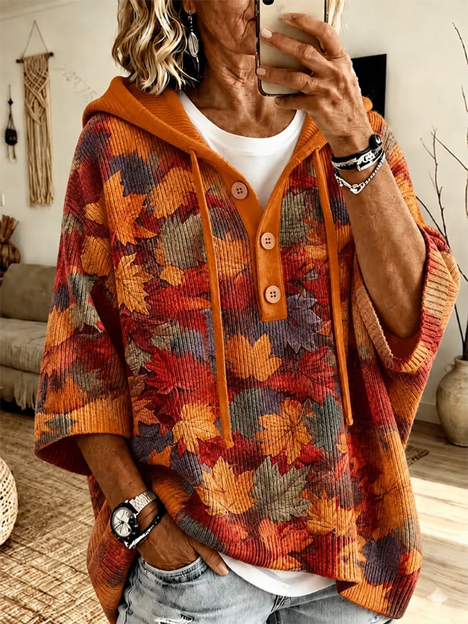Women's Autumn Plaid Print Ribbed Hoodie