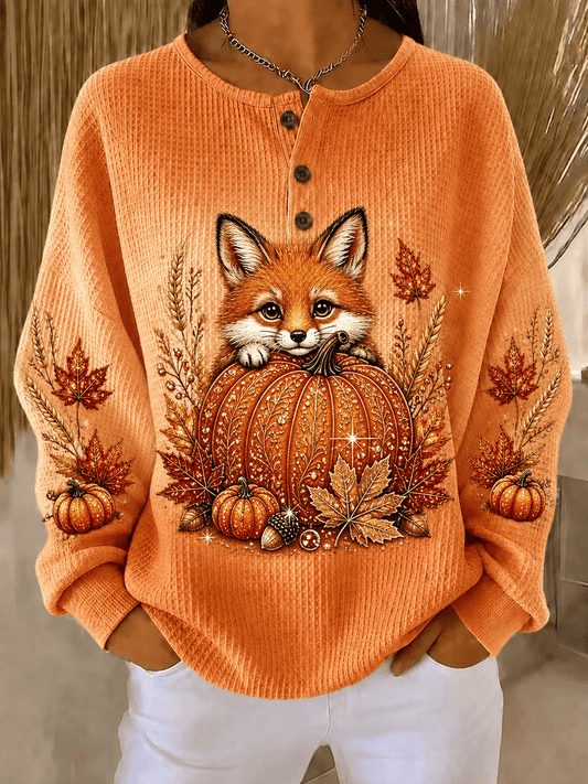 Women's Casual Printed Waffle-Knit Henley Sweatshirt