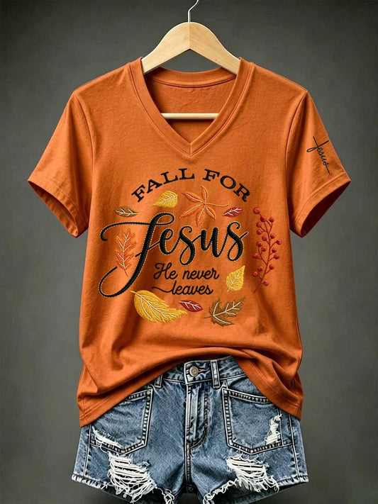 Women's Fall For Jesus He Never Leaves Print T-shirt