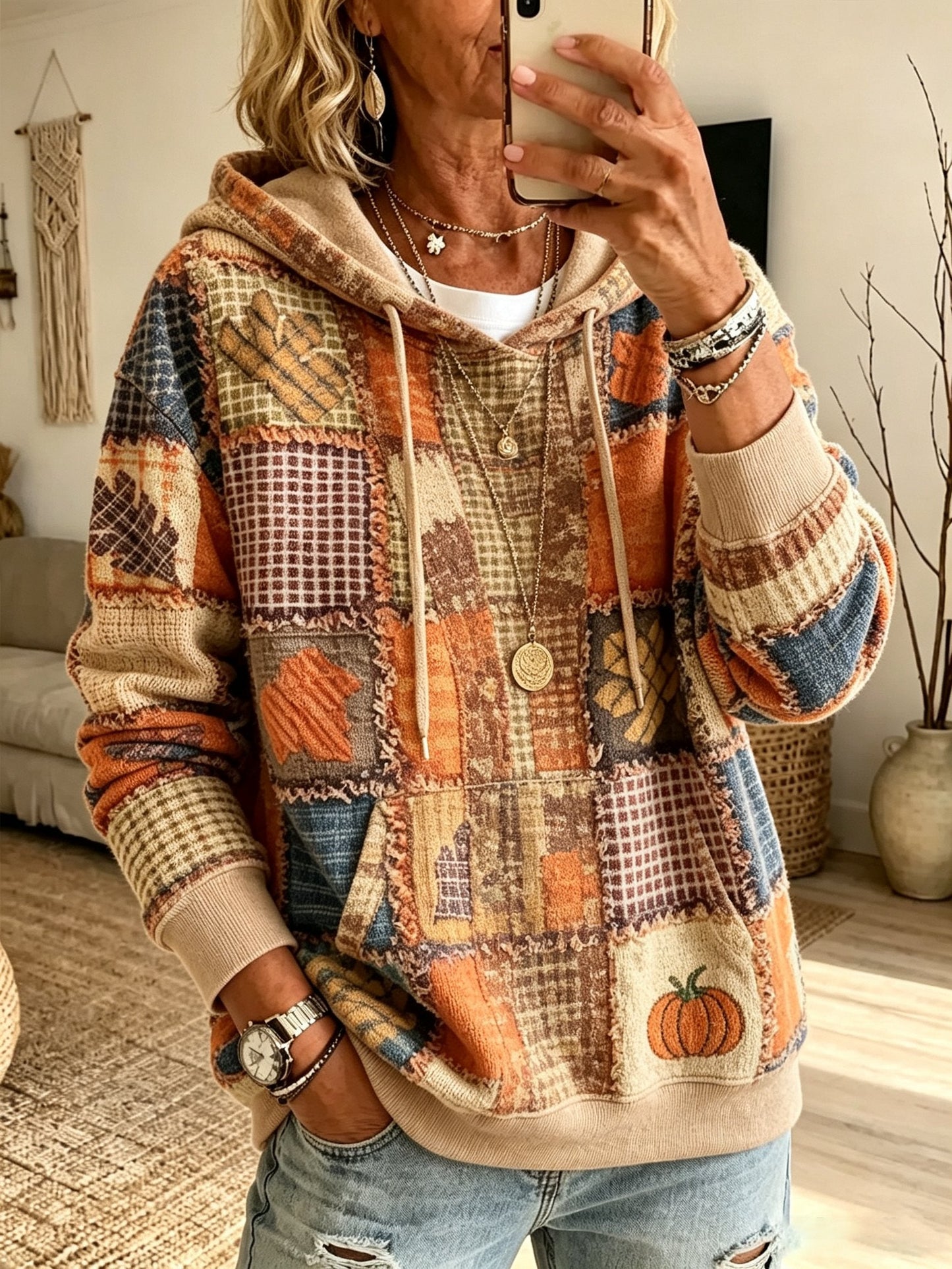 Women's Fall Patchwork Pumpkin Print hooded sweatshirt