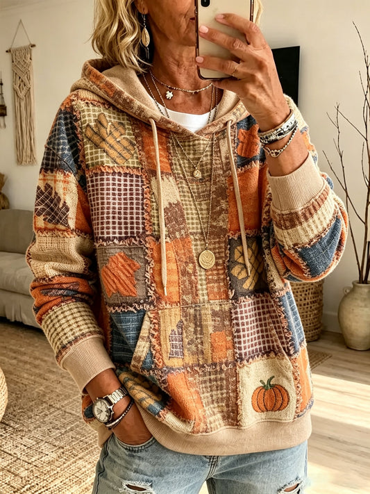 Women's Fall Patchwork Pumpkin Print hooded sweatshirt