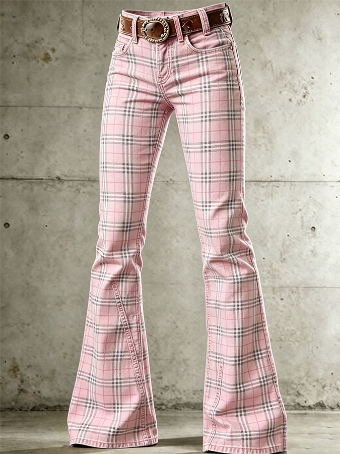 Women's Pink Checkered Pattern Printed Denim Jeans