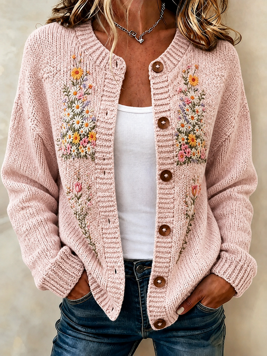 Ladies' Casual Plant Flower Printed Knitted Cardigan Top