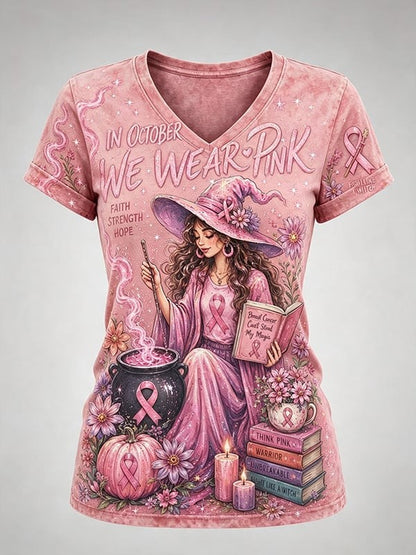 Women'S Breast Cancer Halloween Print V-Neck Top