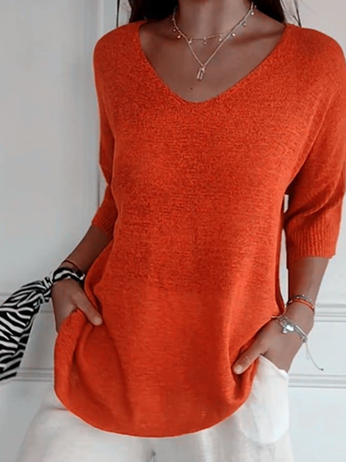 Women'S Casual V-Neck Three-Quarter Sleeve Solid Color Knit Sweater