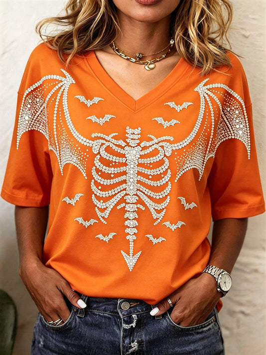 Women's Skull Rhinestone Print V-Neck Short-Sleeve T-Shirt