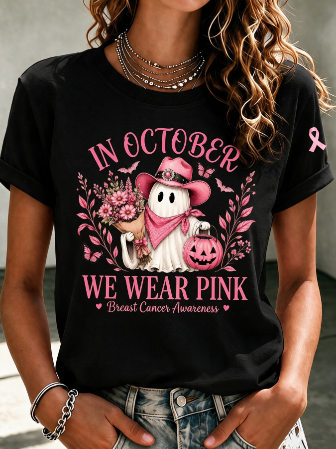 Women'S In October We Wear Pink Printed Casual T-Shirt