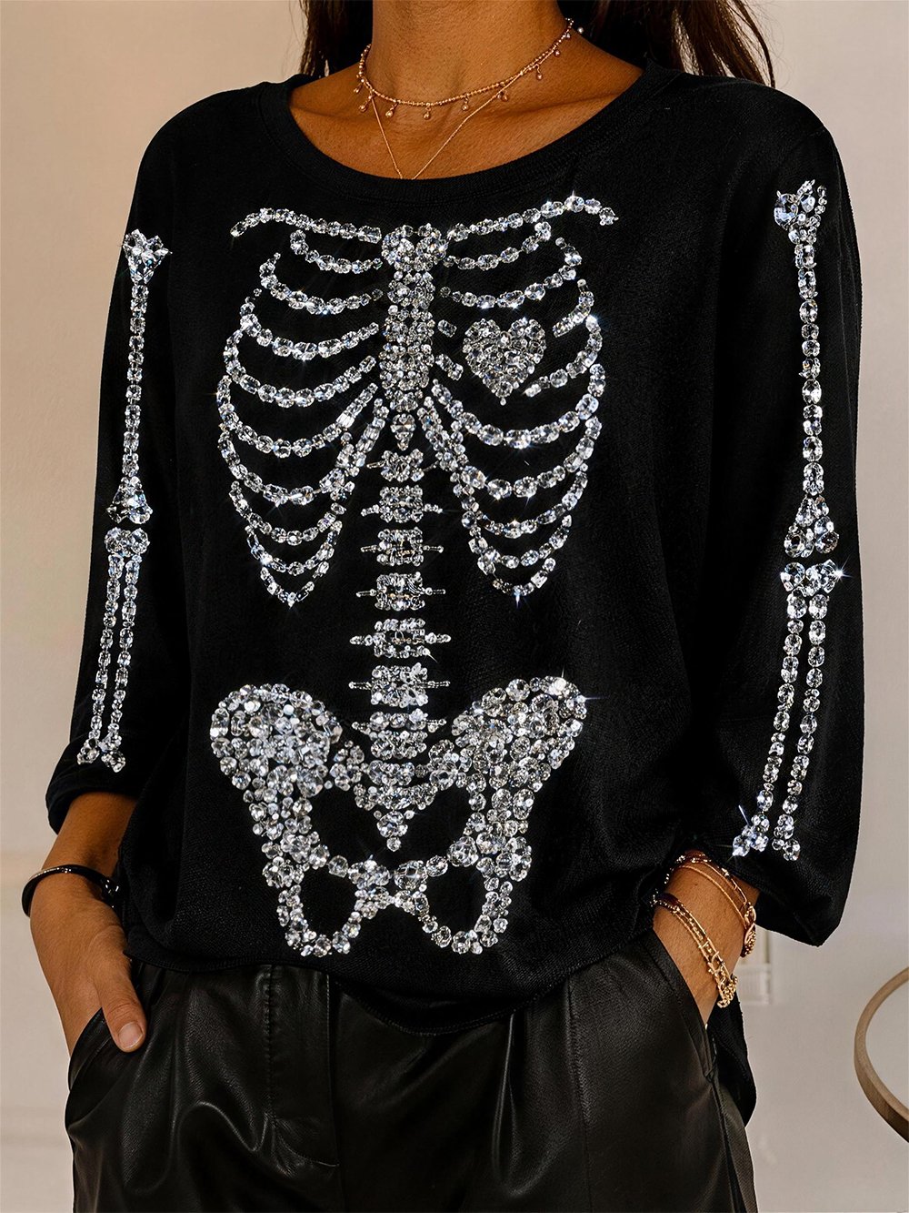 Women's Skull Rhinestone Print Crew Neck Long Sleeve T-Shirt