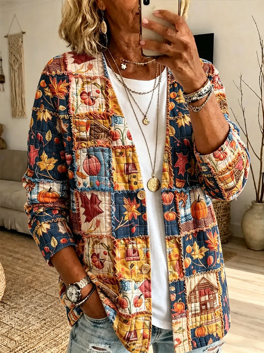 Women's Fall Patchwork Pumpkin Print Cardigan