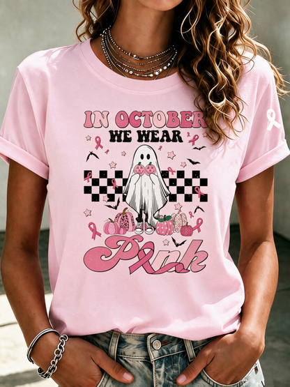 Women'S In October We Wear Pink Printed Casual T-Shirt