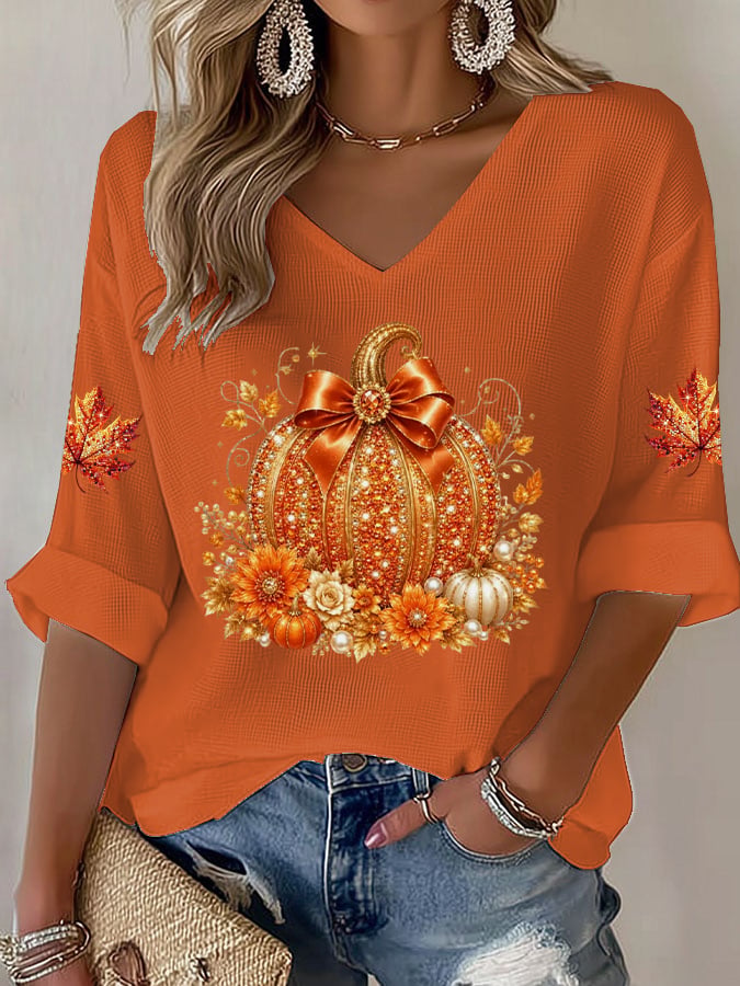Women's Vintage Pumpkin Print V Neck Top