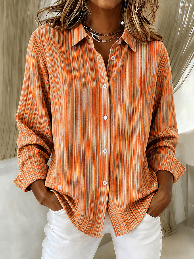 Women'S Striped Lapel Long Sleeved Shirt