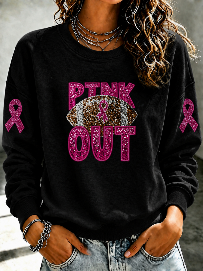 Women'S Pink Patchwork Print Breast Cancer Awareness Crewneck Sweatshirt