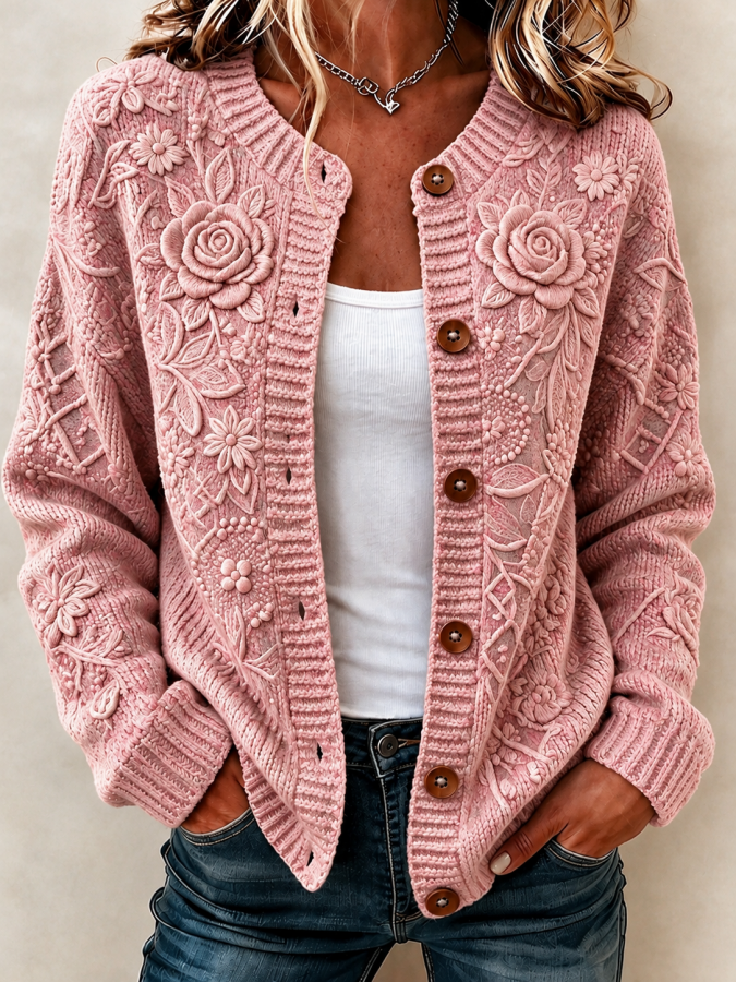 Women'S Floral Printed Knitted Cardigan Top