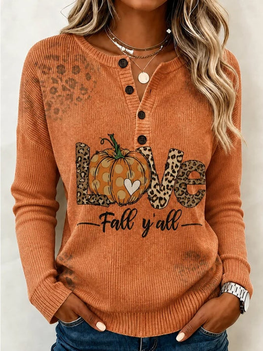 Women's Casual Printed Loose-Fit Henley Shirt