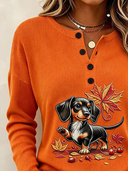 Women's Casual Printed Loose-Fit Henley Shirt