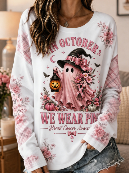 Women's In October We Wear Pink Witch Ghost Floral Plaid Long Sleeve Tee