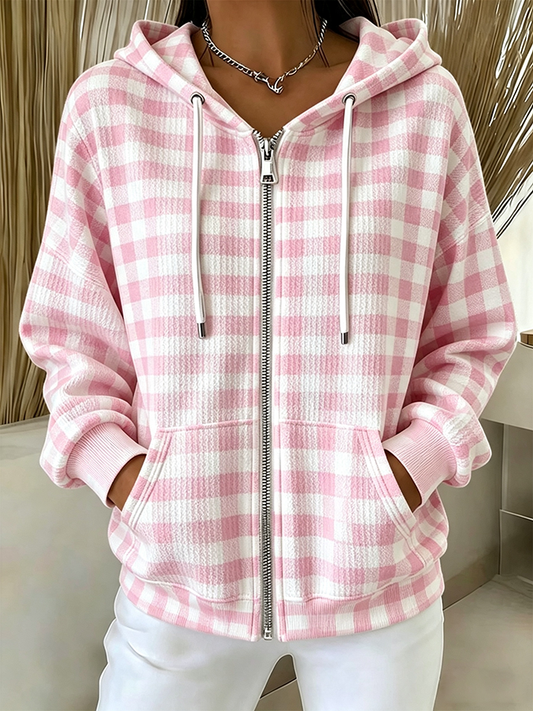 Women'S Casual Checkered Zipper Hooded Sweatshirt