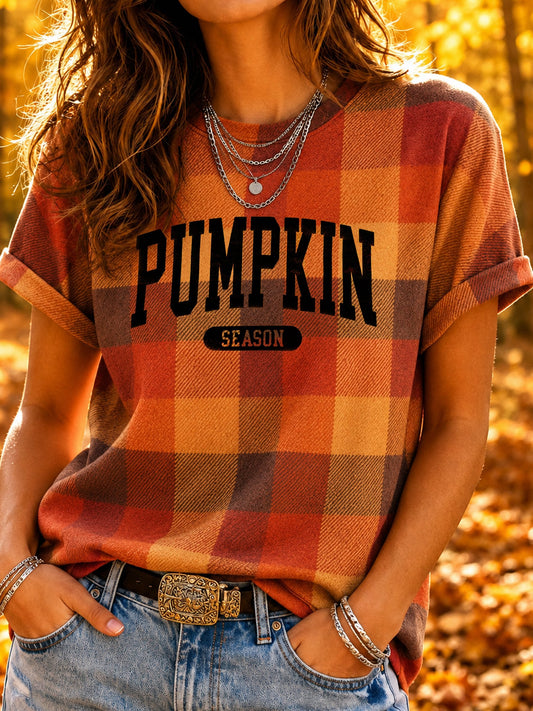Women's Warm Pumpkin Season Print Crew Neck Top
