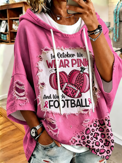 Retro Breast Cancer Awareness Leopard In October We Wear Pink And Watch Football Print Hoodie
