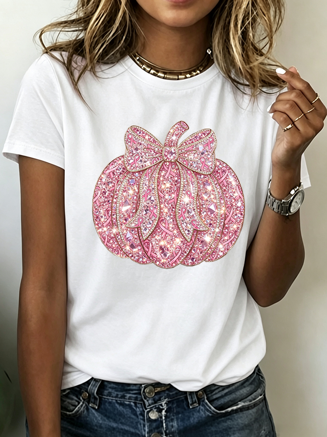Women's Breast Cancer Diamond Pumpkin Printed Casual T-Shirt