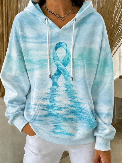 Women'S Breast Cancer Awareness Print Long Sleeve Hooded Sweatshirt